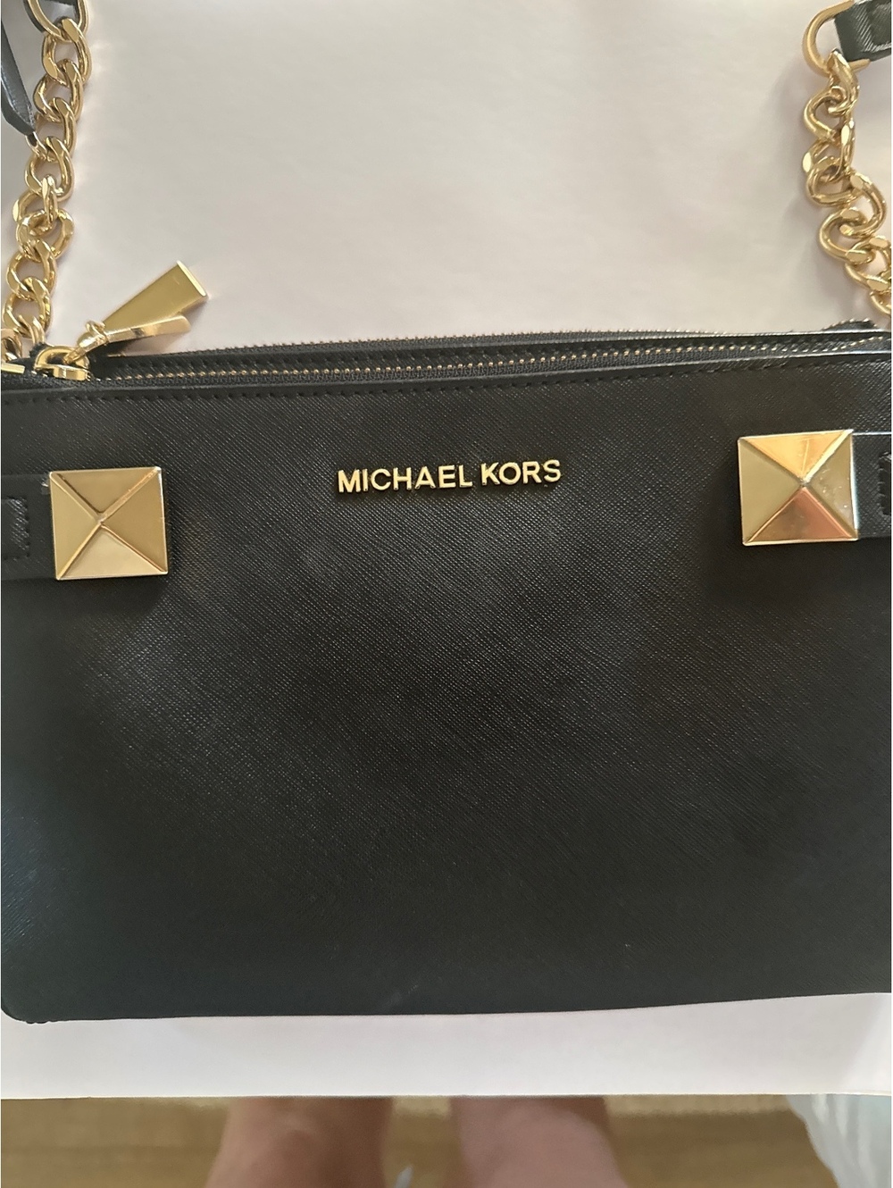 Michael Kors Black Leather Crossbody Bag with Gold Chain